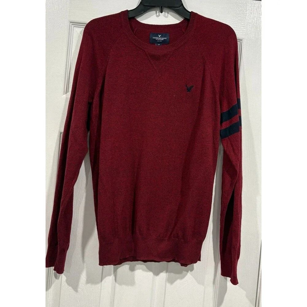 American Eagle Outfitters Sweater Mens Small Burgundy Cotton Crew Neck Logo